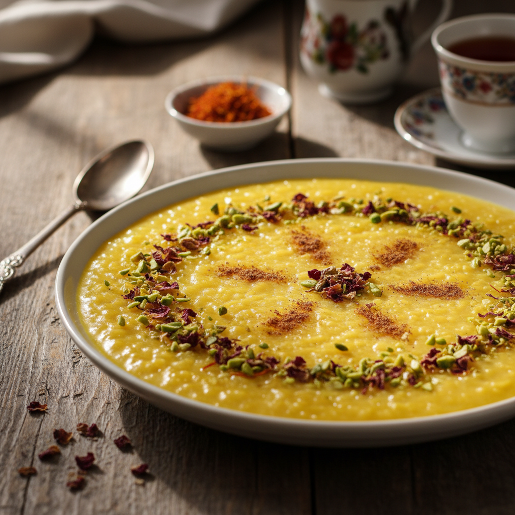 Persian Saffron Rice Pudding (Sholeh Zard)