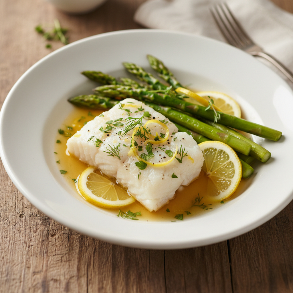 Lemon Herb Poached Cod with Asparagus