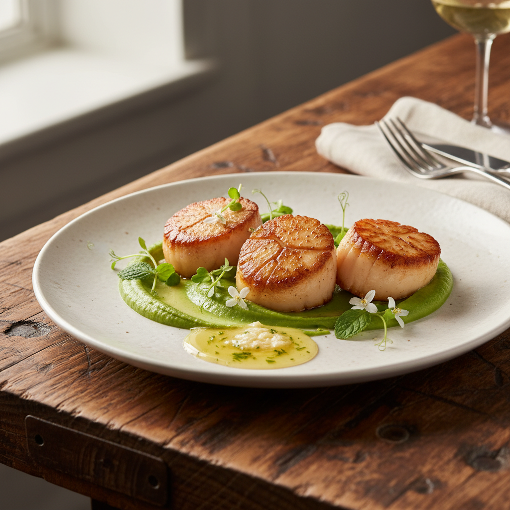 Pan-Seared Scallops with Sweet Pea Purée