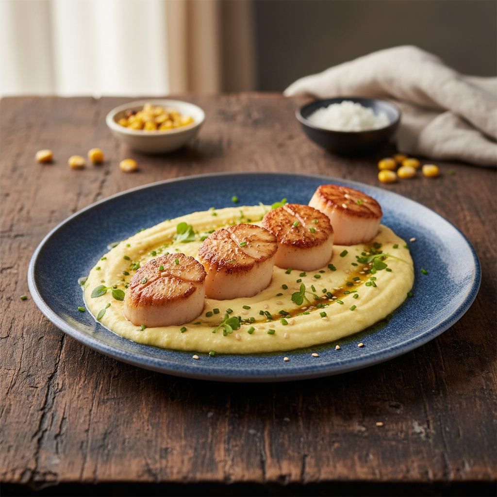 Pan-Seared Scallops with Corn Miso Purée