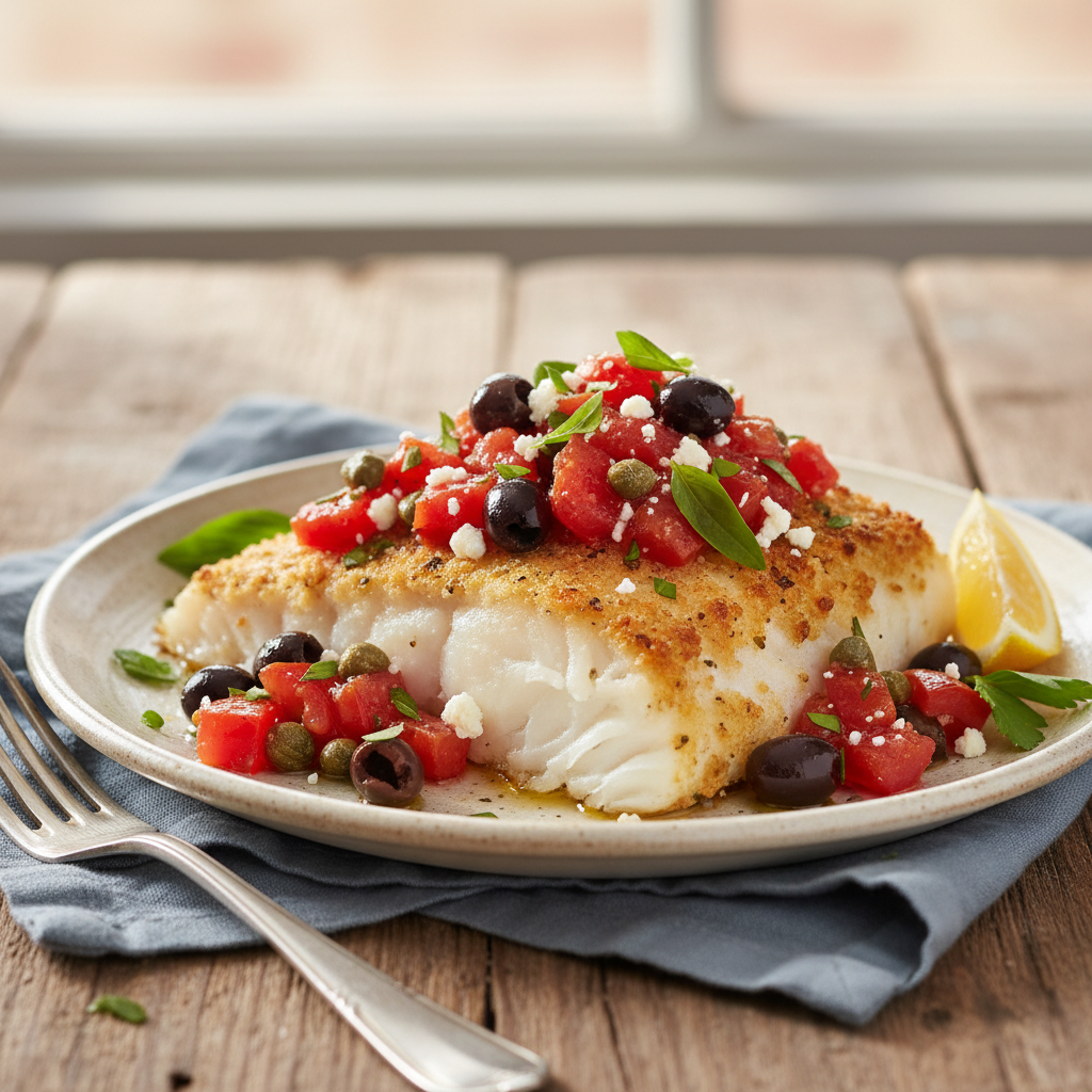 Baked Cod with Tomato-Olive Tapenade