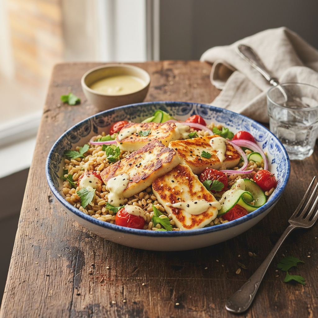 Pan-Seared Halloumi and Farro Bowl