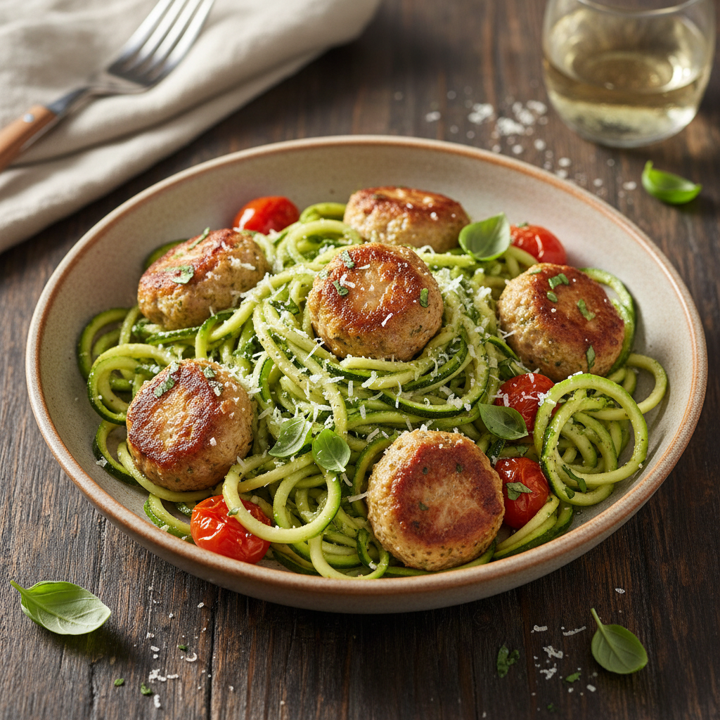 Zucchini Noodle Pesto with Turkey Meatballs