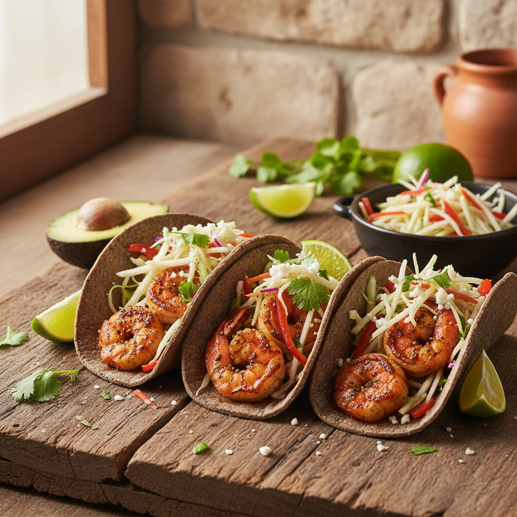 Blackened Shrimp Tacos with Jicama Slaw