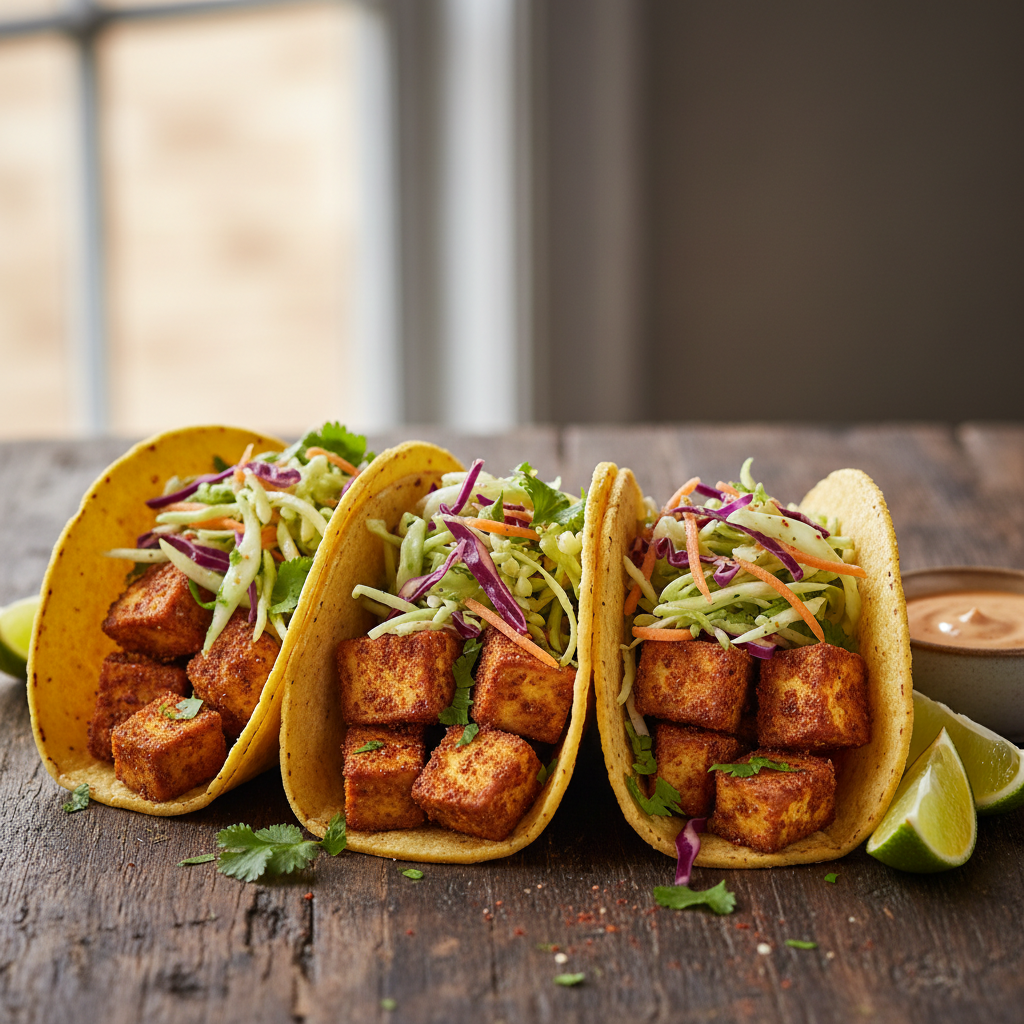 Crispy Tofu Tacos with Lime Slaw