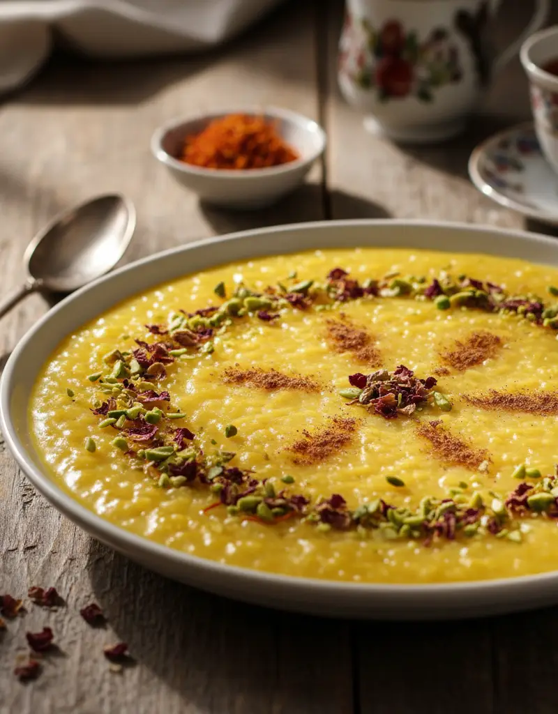 Persian Saffron Rice Pudding (Sholeh Zard)