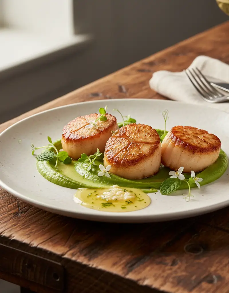 Pan-Seared Scallops with Sweet Pea Purée
