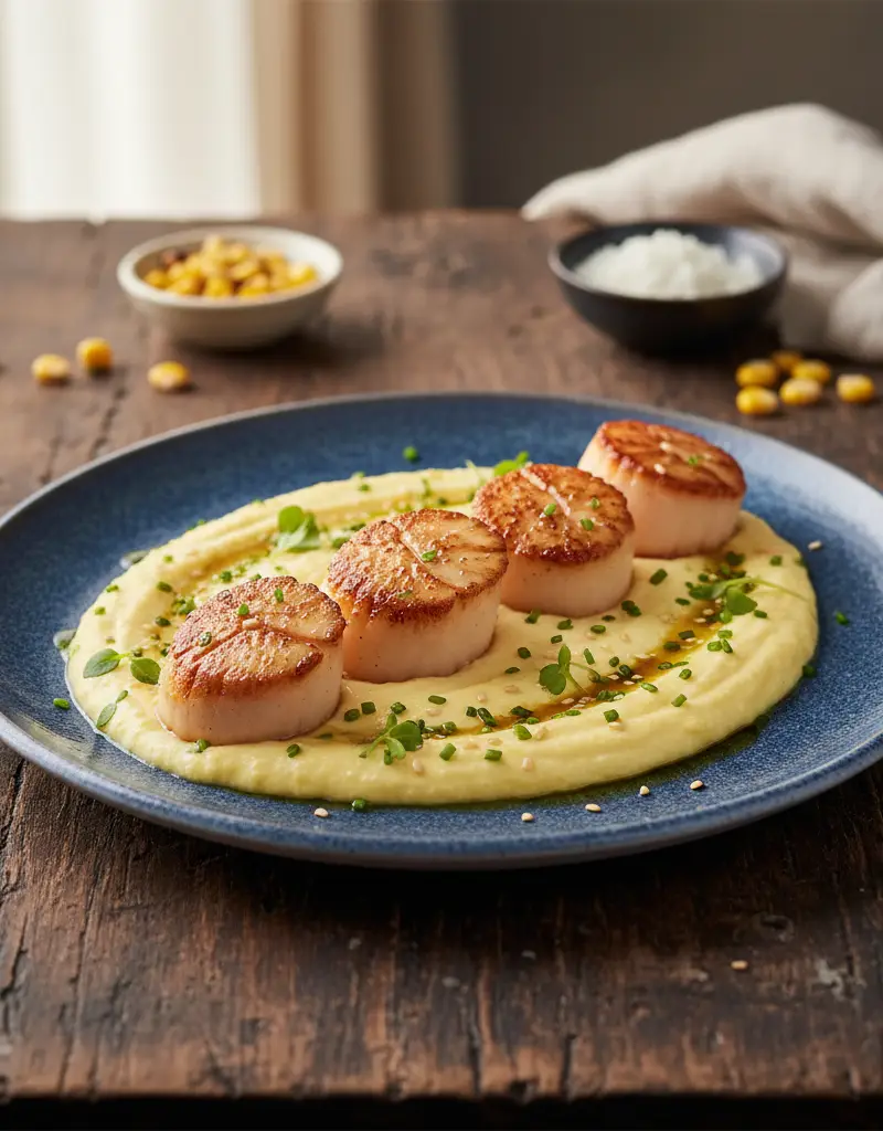 Pan-Seared Scallops with Corn Miso Purée