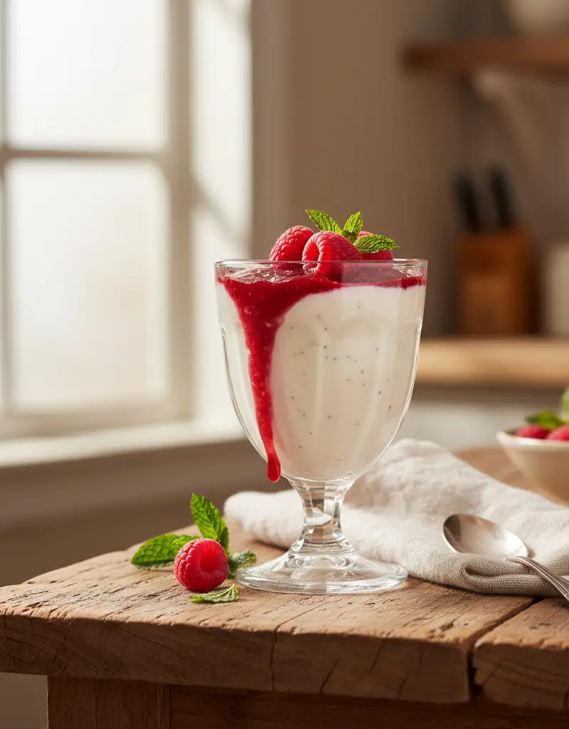 Vanilla Bean Panna Cotta with Raspberry Coulis