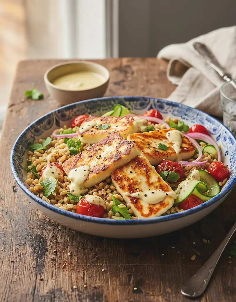 Pan-Seared Halloumi and Farro Bowl
