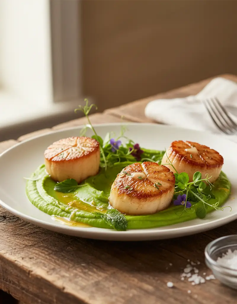 Pan-Seared Scallops with Sweet Pea Purée