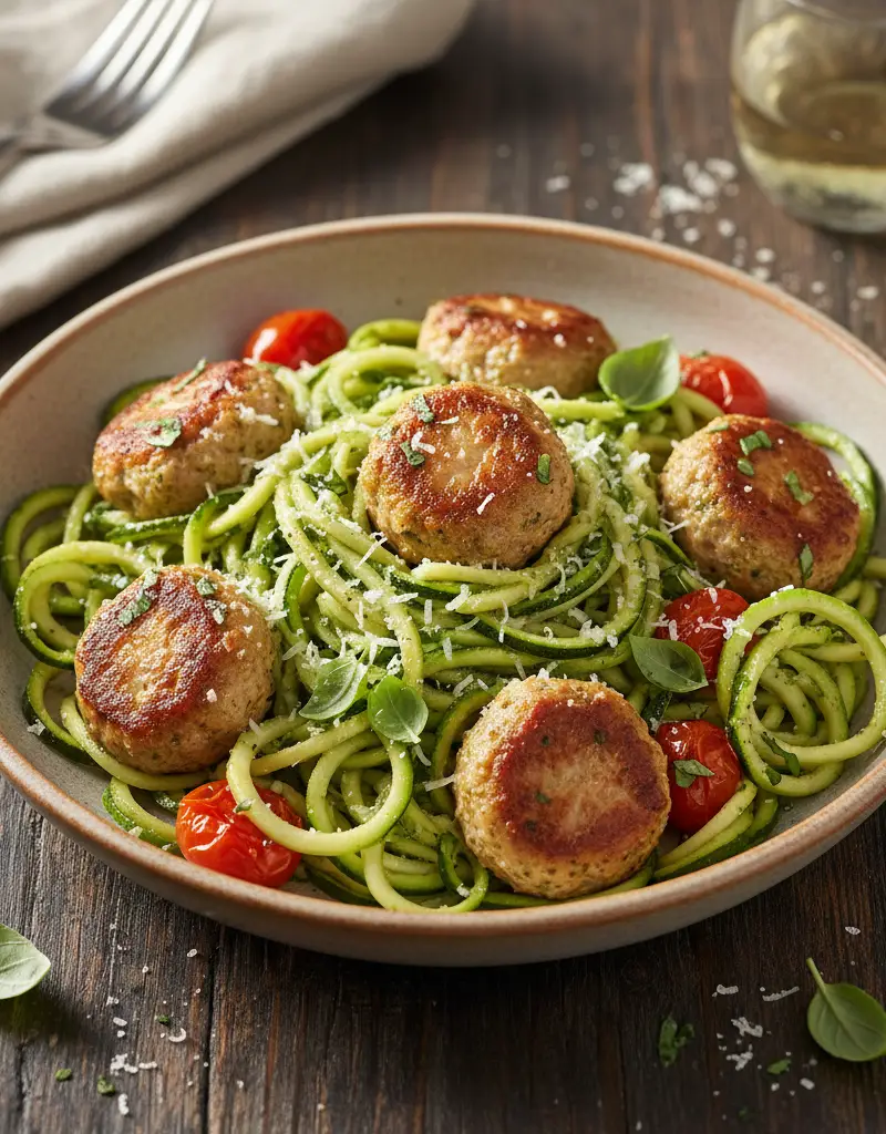 Zucchini Noodle Pesto with Turkey Meatballs